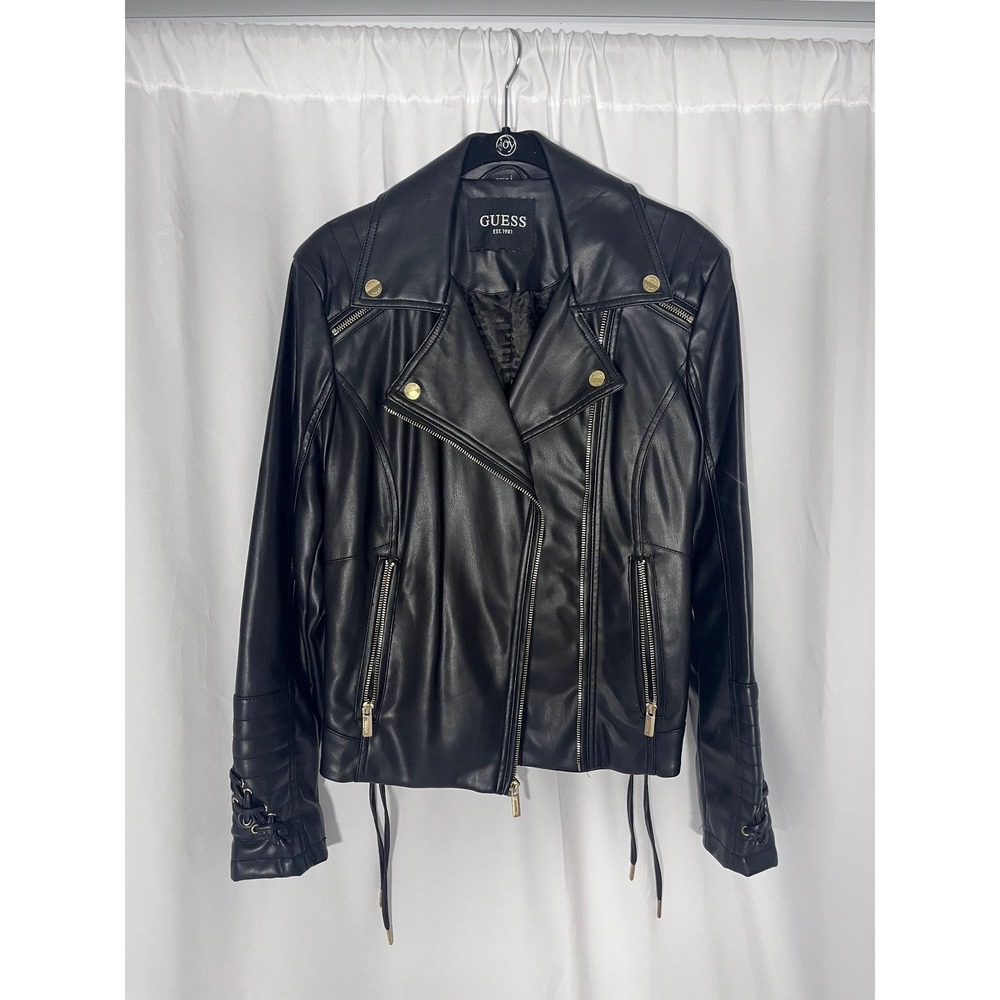 GUESS Black Faux Leather Moto Biker Jacket Lace Up Gold Hardware Classic Size S
